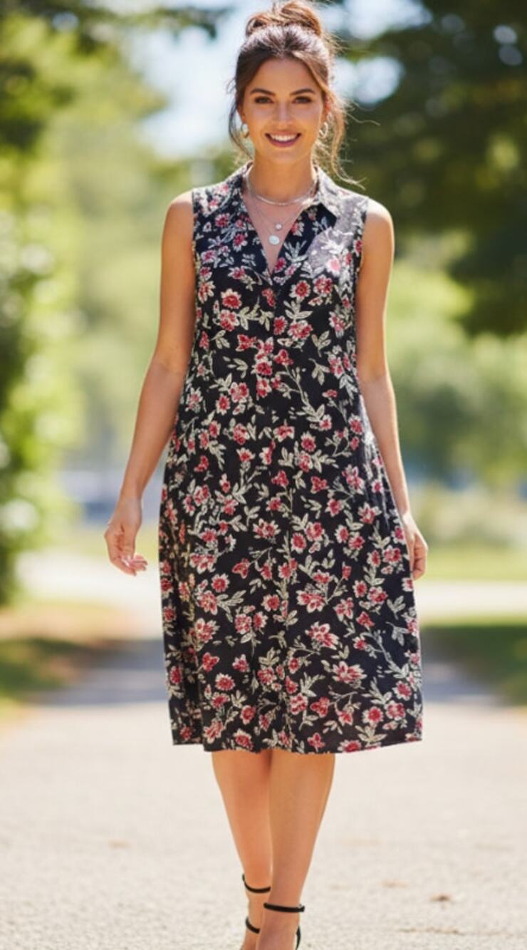 J. JILL WOMENS SIZE MEDIUM FLORAL PRINT SLEEVELESS MIDI DRESS POCKETS BLACK RED